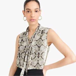 J. Crew tie neck snakeskin pattern top blouse sleeveless draped olive cream XXS